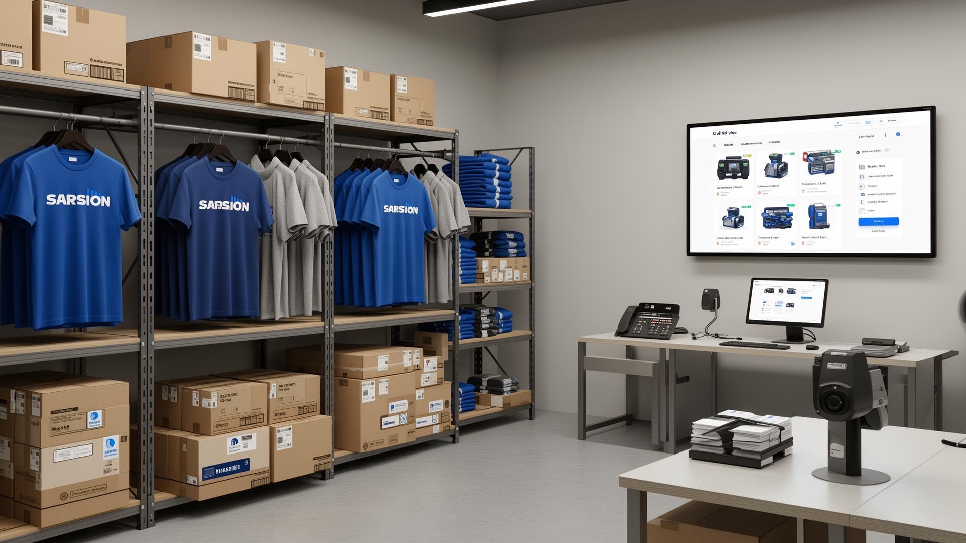Corporate merchandise program environment with organized apparel and fulfillment systems