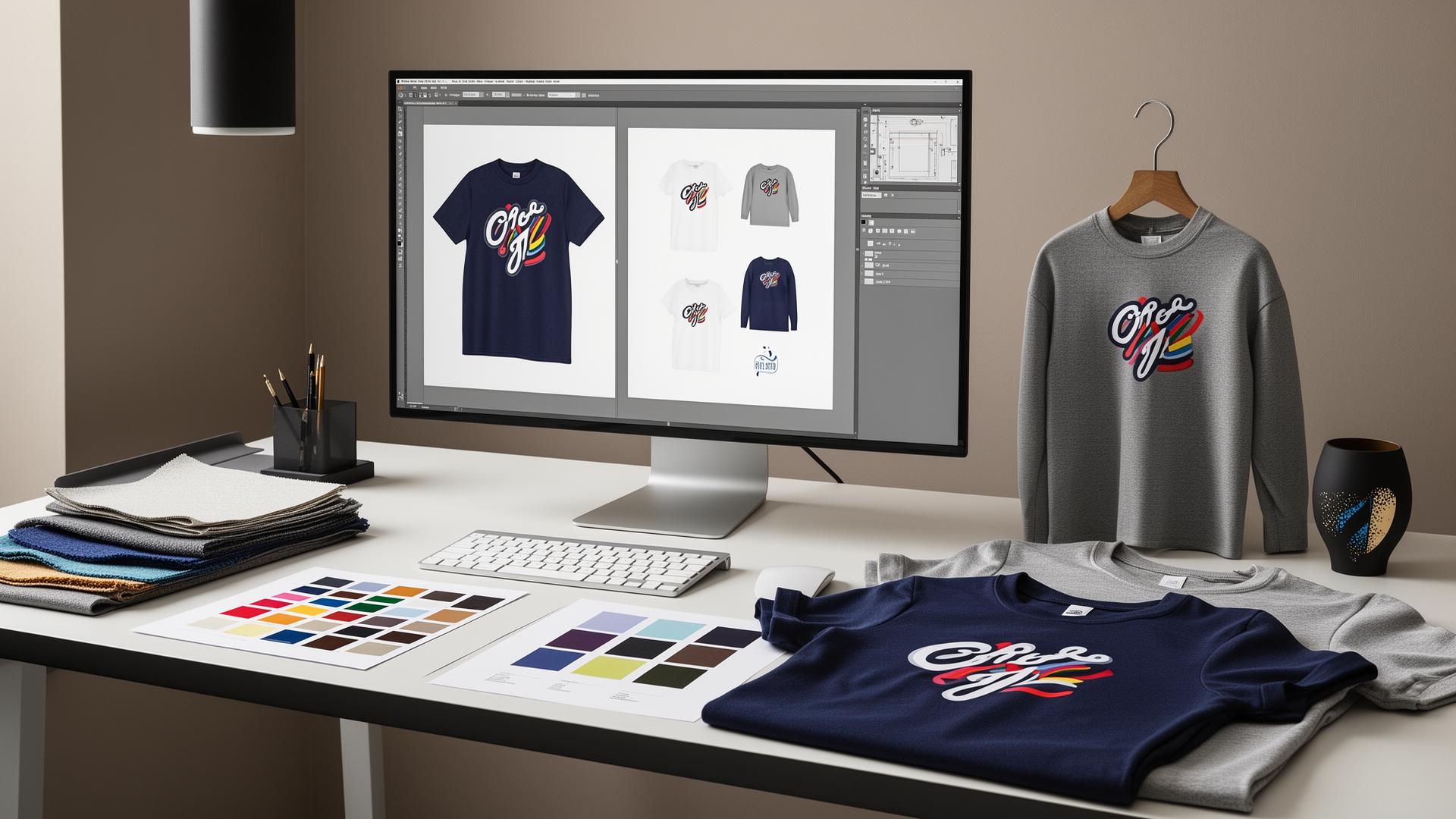Creative design workspace with logo mockups, color swatches, and branded apparel samples
