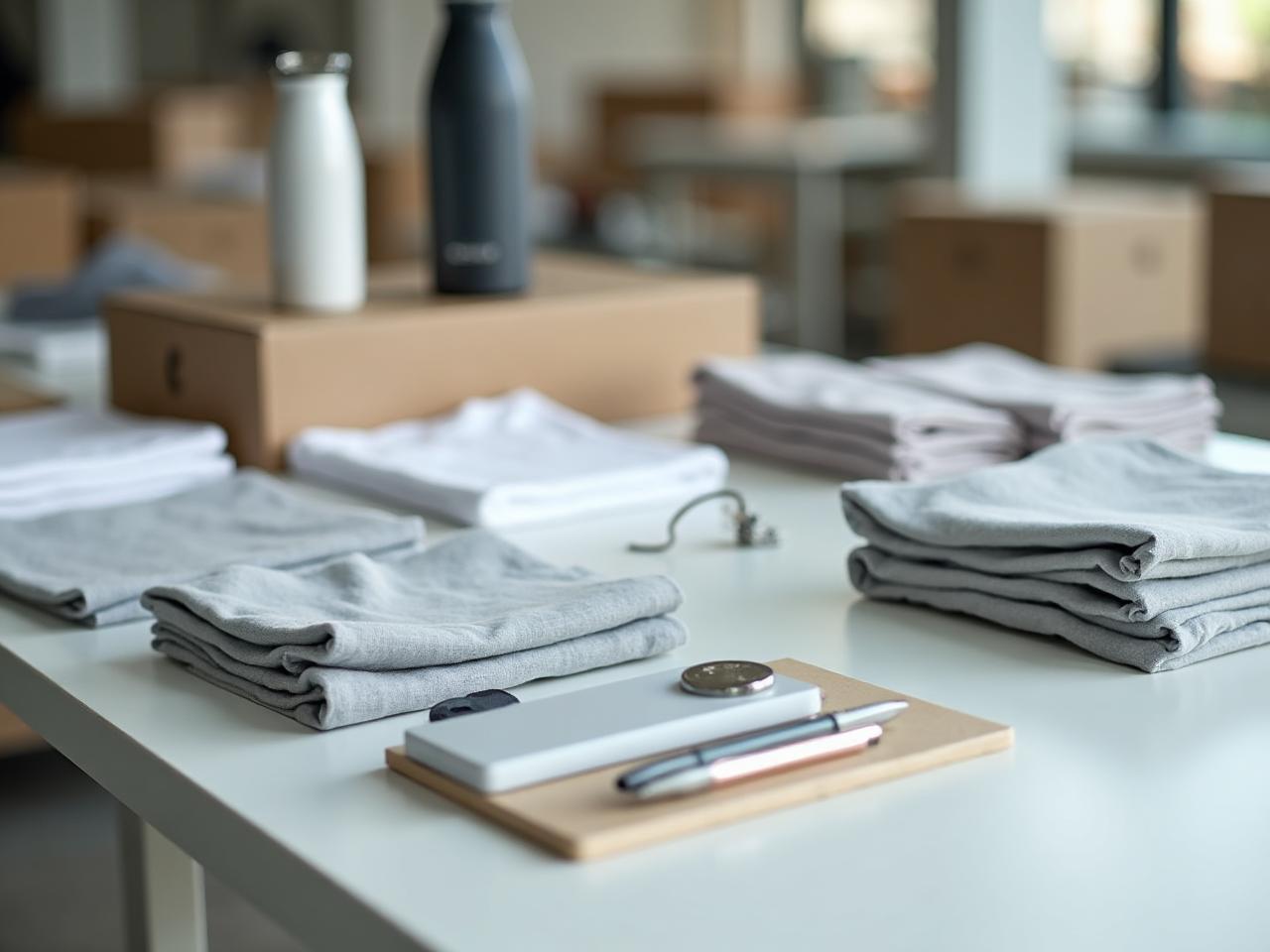 Organized kitting station with branded items and packaging materials