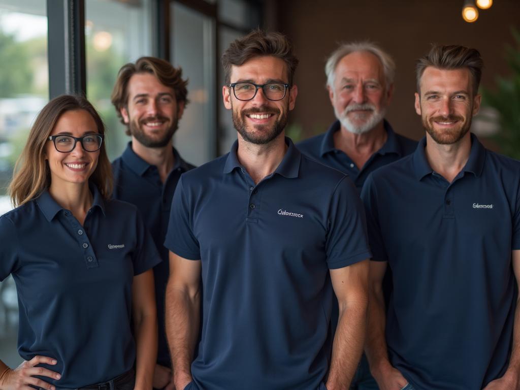 Team members happily wearing branded merchandise at a company event